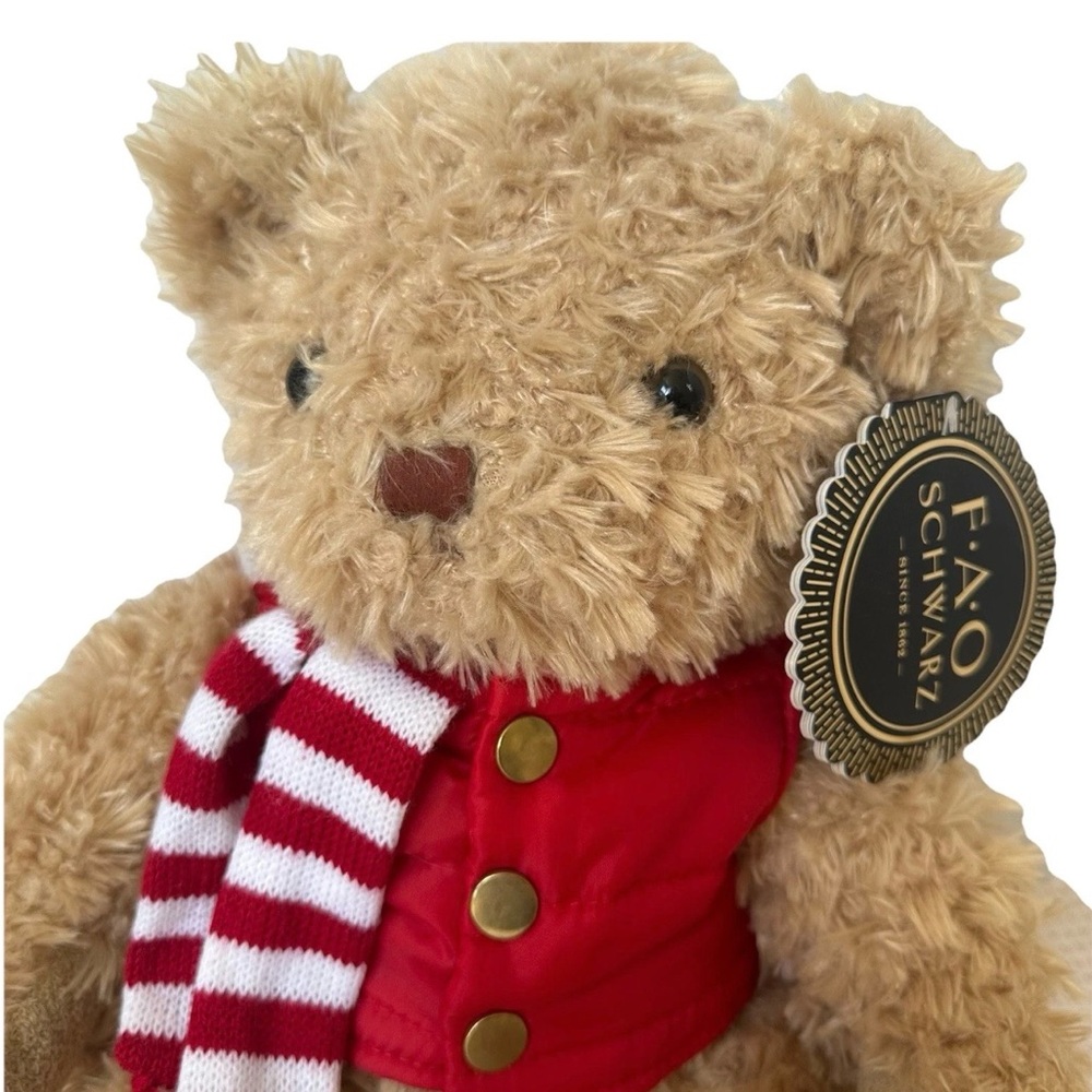 2017 FAO Schwarz Teddy Bear 16” Golden Tan With Red Puffer Vest & Scarf-Holiday